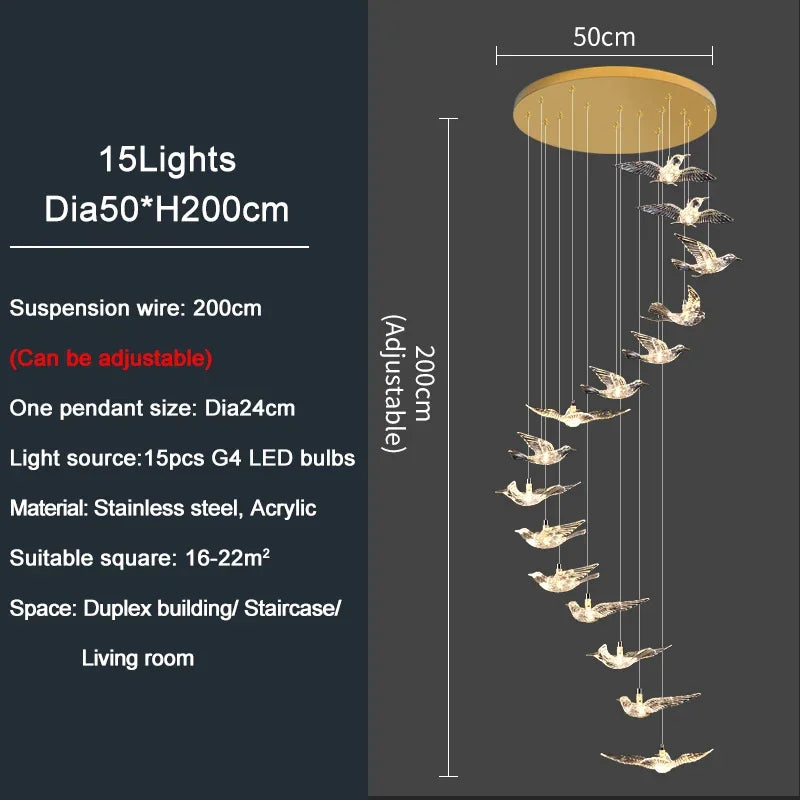 Luxury Led Chandelier for Staircase Modern Home Decor Hanging Lamp Creative Bird Design Lighting Acrylic Living Room Lustre