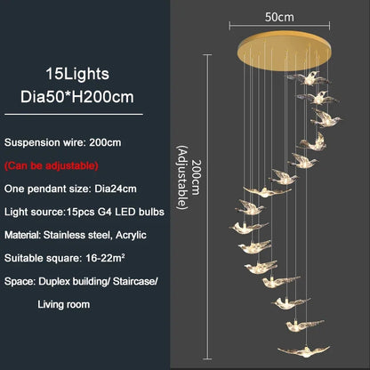 Luxury Led Chandelier for Staircase Modern Home Decor Hanging Lamp Creative Bird Design Lighting Acrylic Living Room Lustre
