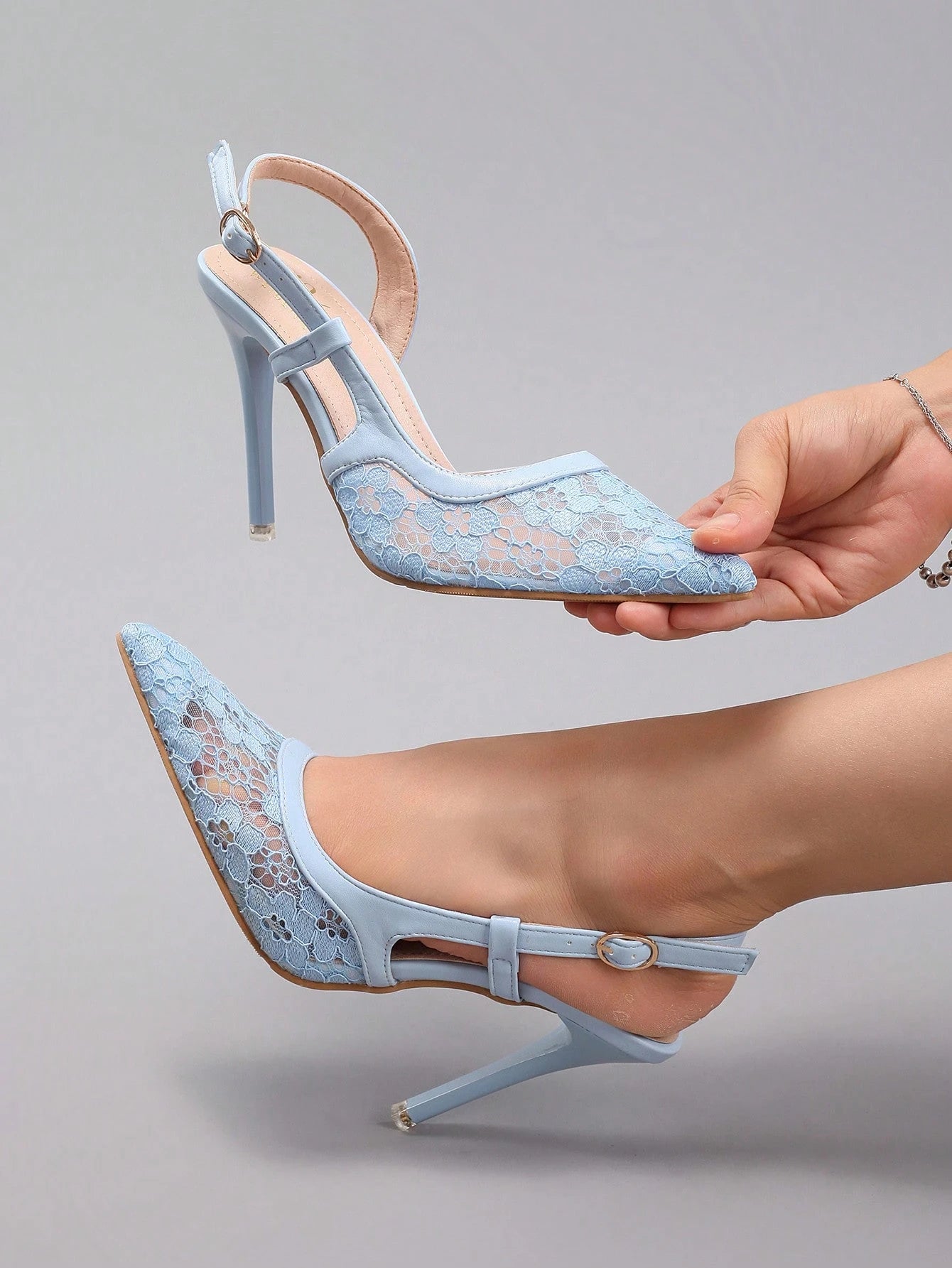 Women'S Lace Patchwork Pointed Toe High Heel Sandals, Hollow Out Breathable Sexy Fashion Party Stilettos