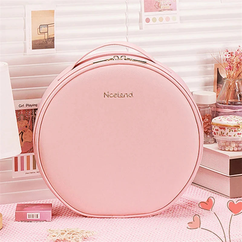 Round Smart LED Makeup Bag with Mirror Lights Women Beauty Bag Large Capacity PU Leather Travel Organizers Cosmetic Case