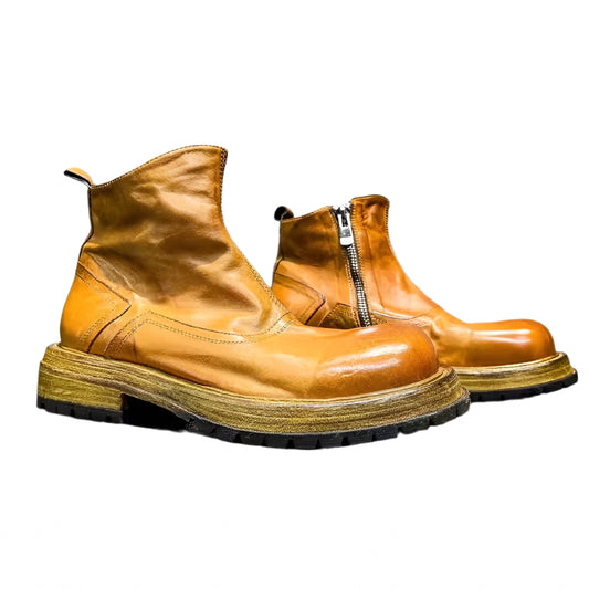 Handmade Horsehide Genuine Leather Mens Boots Zipper Retro Design Chelsea Short Boots Male Casual High Top Motorcycle Shoes