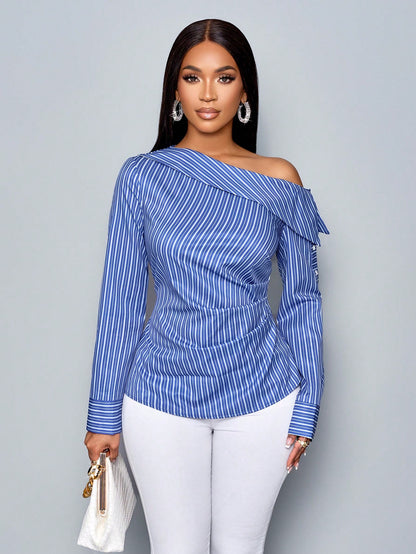 SOLERSUN Women'S Casual Blue Blouse with Long Sleeve, Asymmetrical Neck, Pleated Details, Turndown Collar, and Single-Breasted Closure, Random Floral Print One Shoulder Top