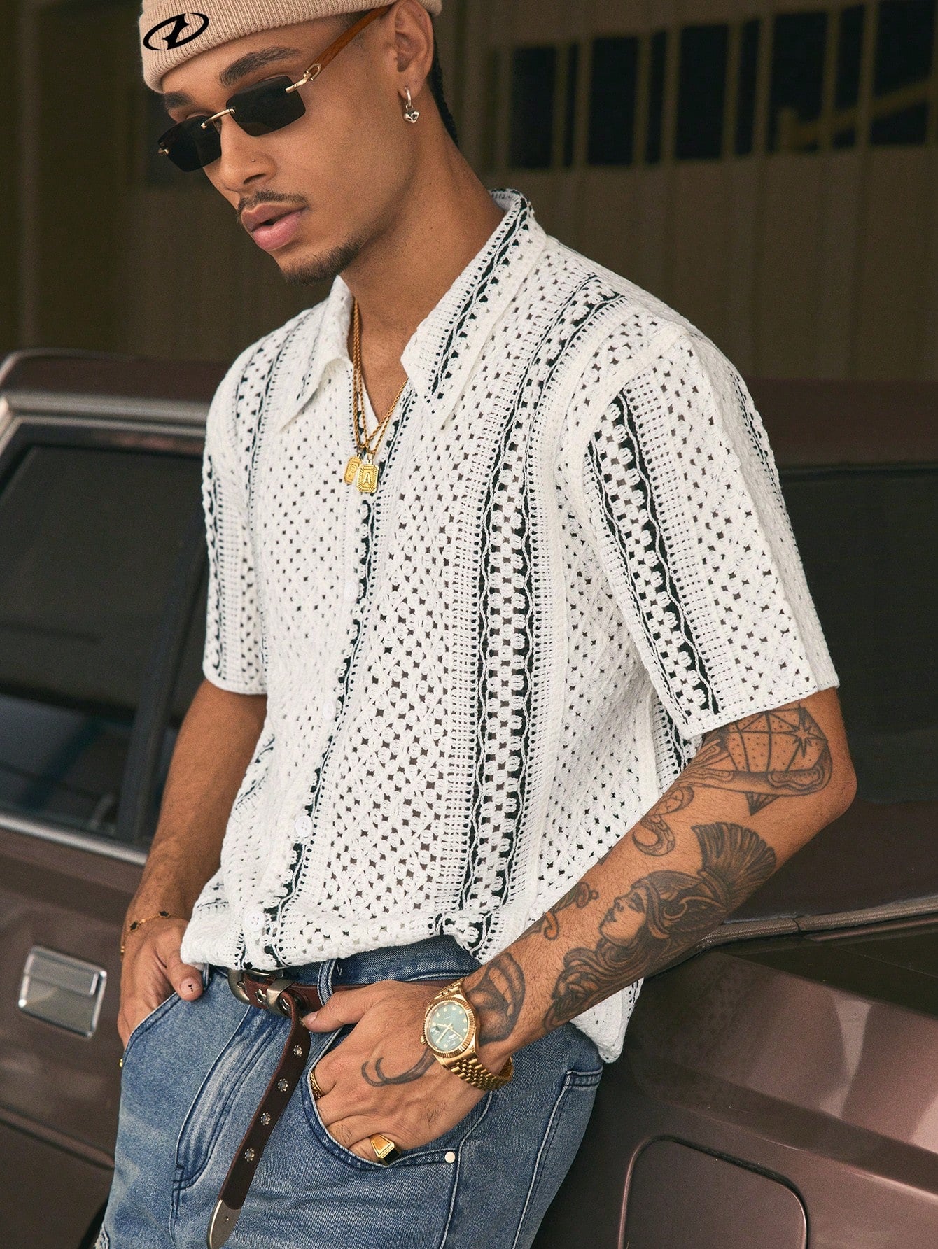 AXEPEAK Multiple Sizes Water-Soluble Floral Print Turndown Collar Loose Fit Men'S Knit Top, Streetwear Influence