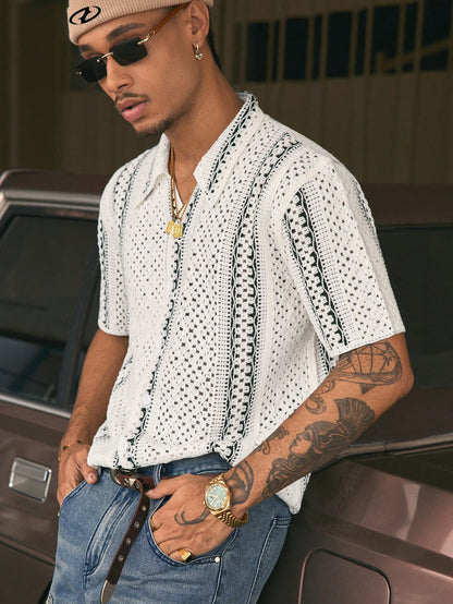 AXEPEAK Multiple Sizes Water-Soluble Floral Print Turndown Collar Loose Fit Men'S Knit Top, Streetwear Influence