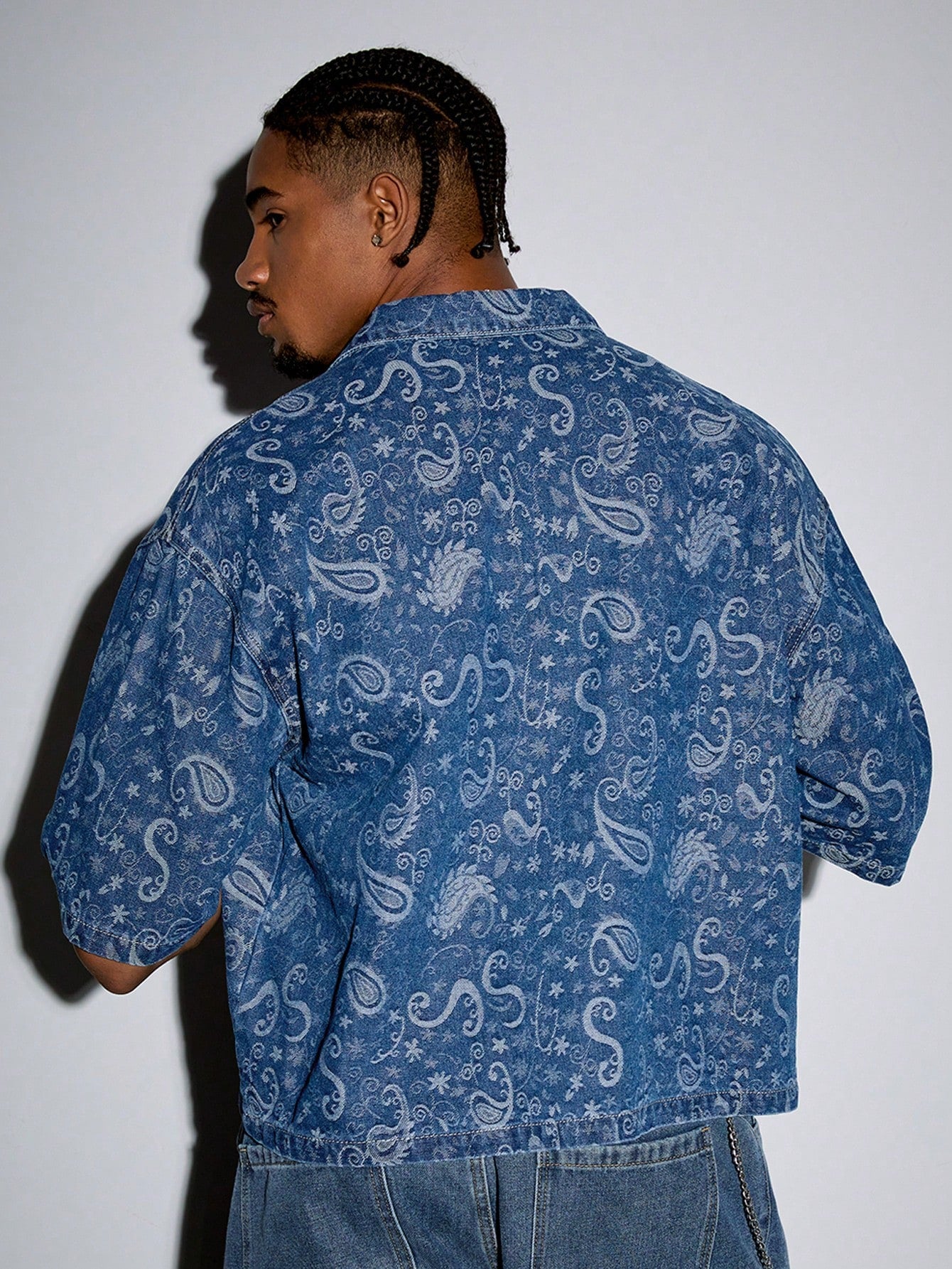 ROMWE MEN Grunge Punk Men'S Summer Vacation Paisley Print Patchwork Pocket Short Sleeve Denim Shirt