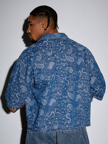 ROMWE MEN Grunge Punk Men'S Summer Vacation Paisley Print Patchwork Pocket Short Sleeve Denim Shirt