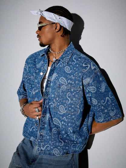 ROMWE MEN Grunge Punk Men'S Summer Vacation Paisley Print Patchwork Pocket Short Sleeve Denim Shirt