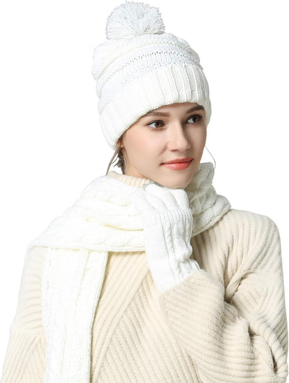 Scarf Hat Glove Sets Cable Knit Winter Gift Set Pompom Hat Touch Screen Gloves Long Scarf 3Pcs Cold Weather Warm Set for Women Girls