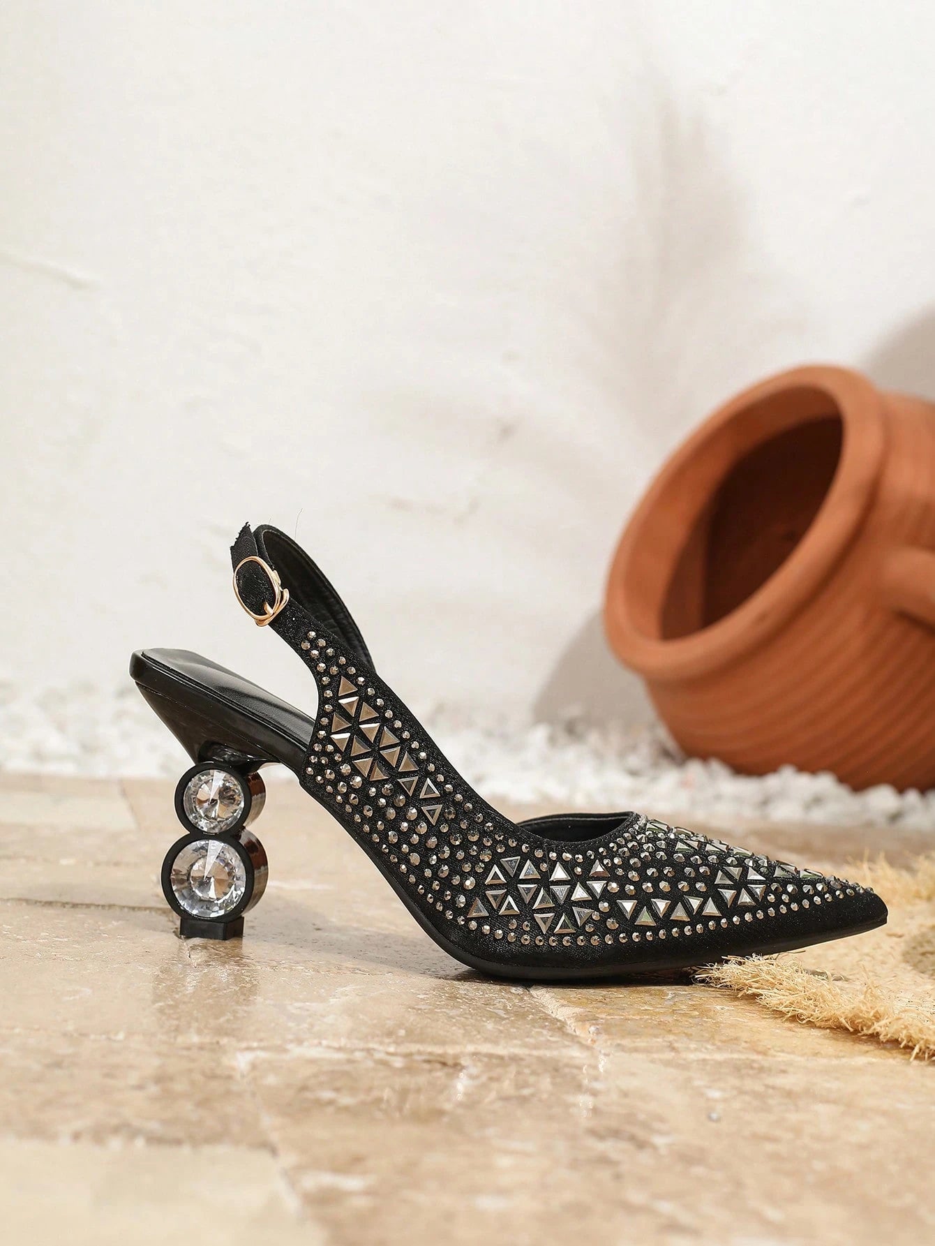 Pink Elastic Strap Back Rhinestone Women'S Sandals, Pointed Toe Backless Square High Heel Shoes, Unique Design
