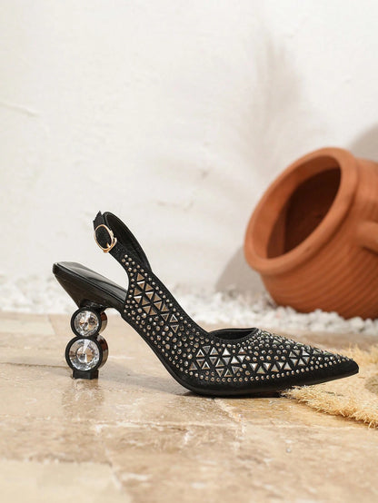Pink Elastic Strap Back Rhinestone Women'S Sandals, Pointed Toe Backless Square High Heel Shoes, Unique Design