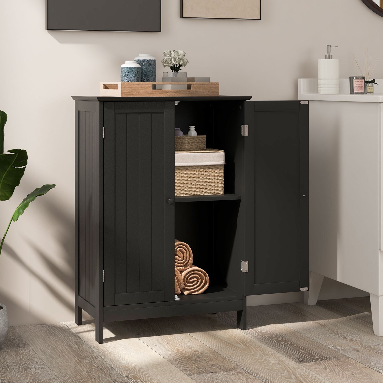 Double Door Bathroom Floor Cabinet with Adjustable Shelving