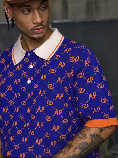 AXEPEAK Men'S Full Print Contrast Color Casual Short Sleeve Knitted Top