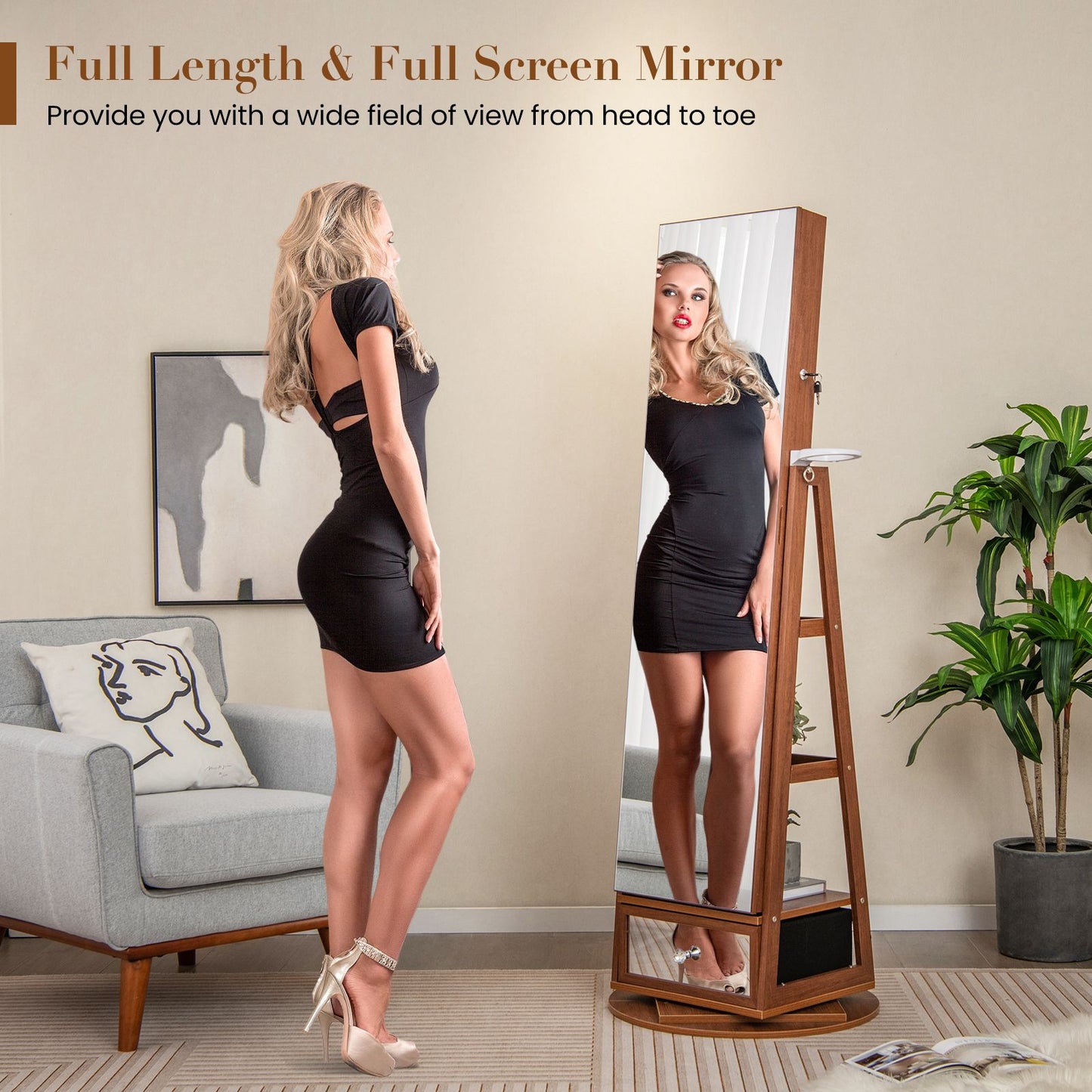 Lockable 360-Degree Rotating Jewelry Armoire with Full-Length Mirror