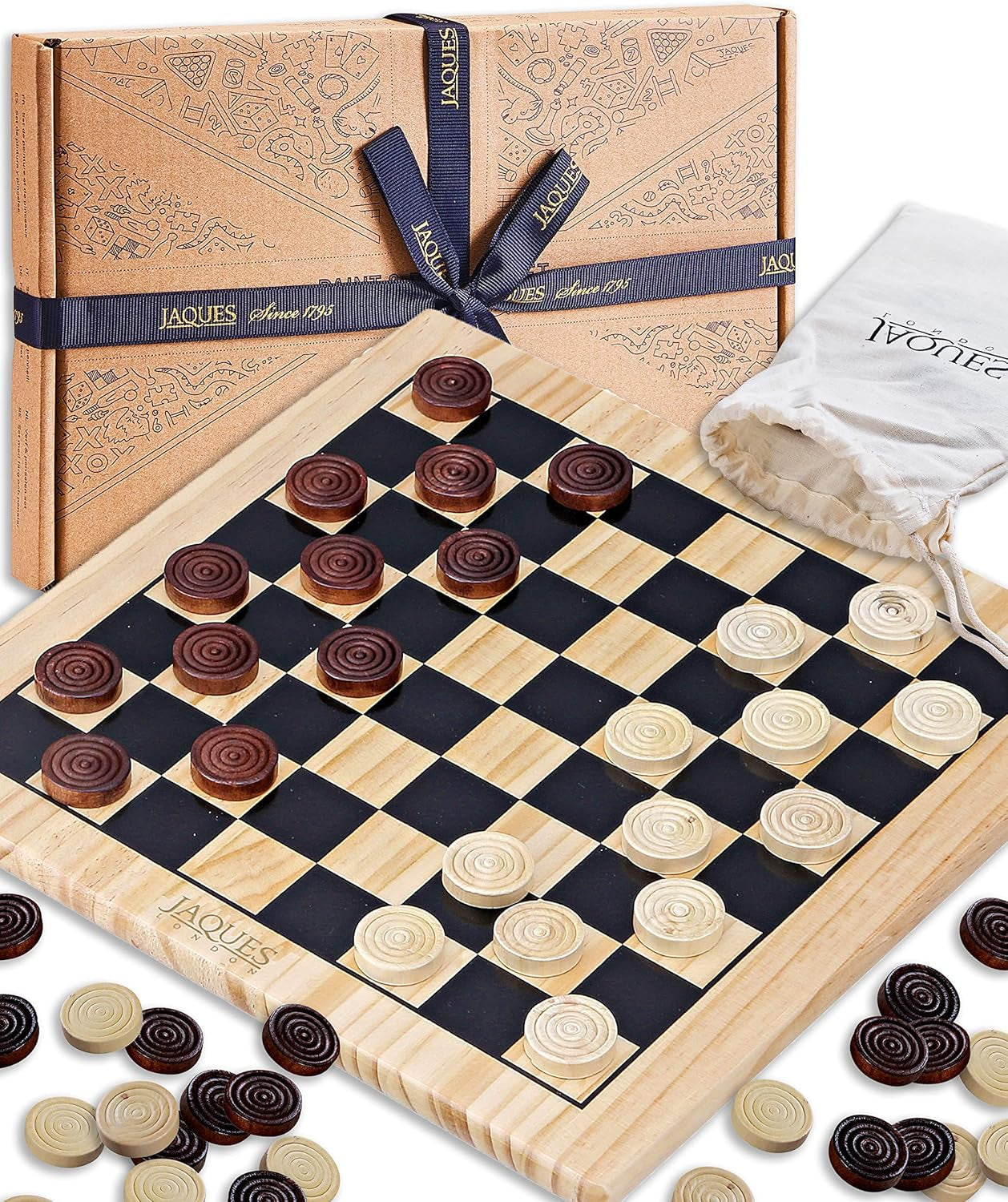 Draughts Board Game | Traditional 12" Wooden Board with Deluxe Checkers Pieces | for Adults and Kids | since 1795