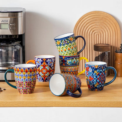 SIMI Mugs Set, 16Oz/480Ml Porcelain Coffee Mug Set of 6, Bohemian Style Tea and Coffee Cups with Handle, Microwave & Dishwasher Safe, Suitable for All Kinds of Drinks