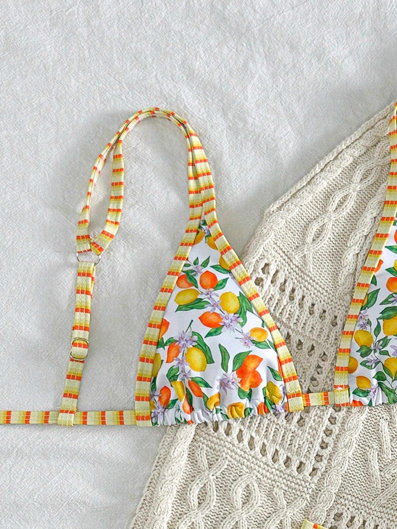 Swim Vcay 2Pcs/Set Sexy Fruit Print Contrast Color Trim Swimwear Top and Side Strap Swimwear Bottom, Summer Holiday Vacation