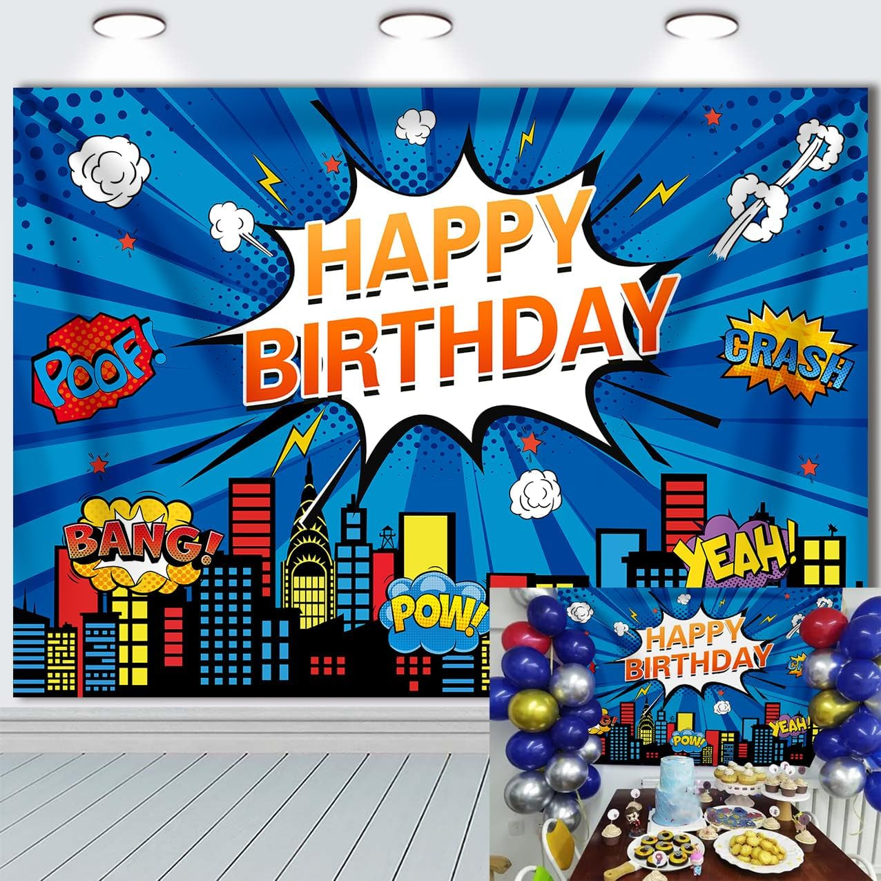 Superhero Cityscape Photo Backdrop 2.4X1.8M Super Hero Party Blue Background Boy Birthday Decoration Banner Background Kids Photo Hero City Birthday Party Decorations