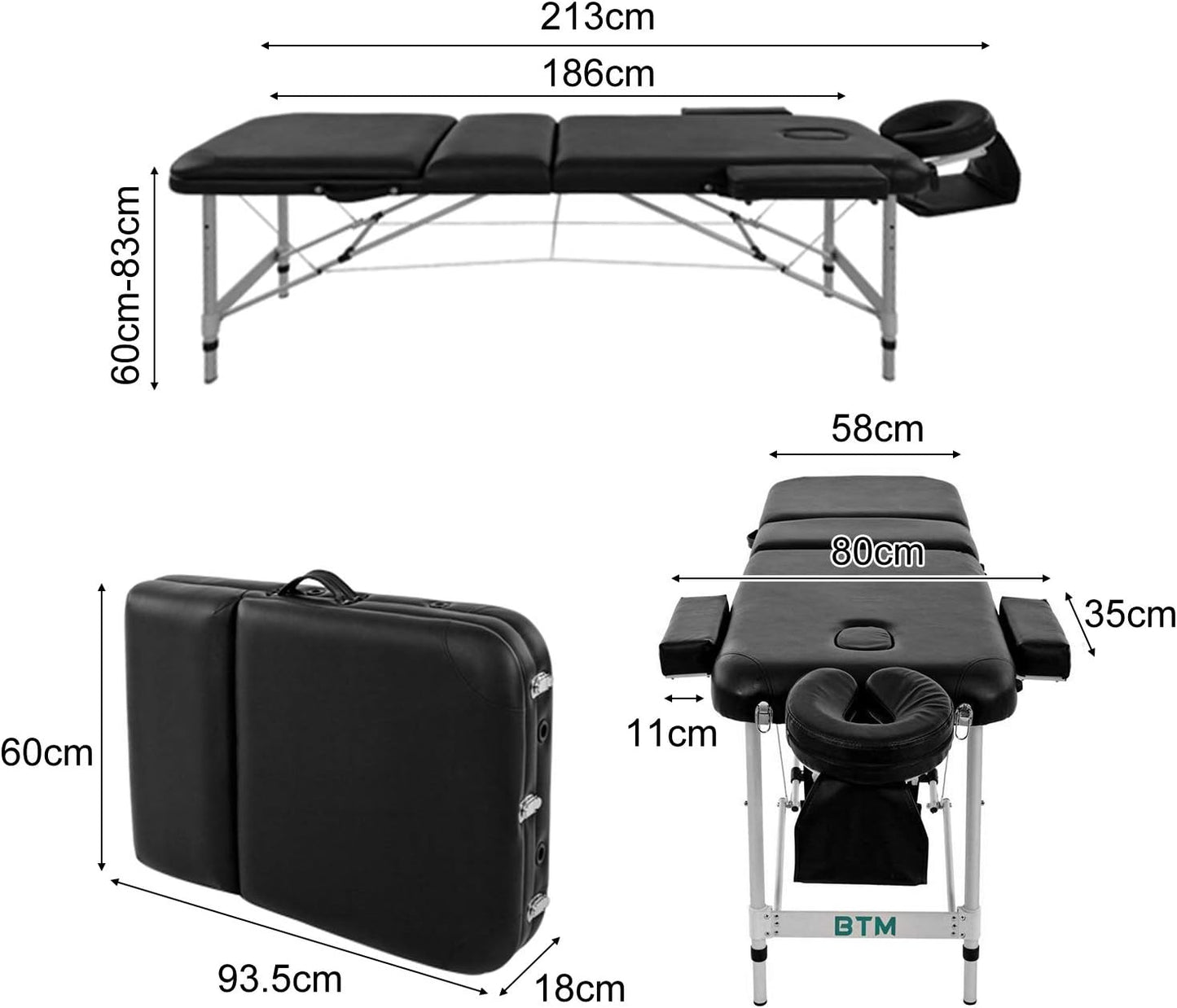 Premium Black Portable 3-Section Massage Table Bed with Aluminum Frame and Premium PU Leather - Perfect for Tattoo, Spa, and Reiki Therapy