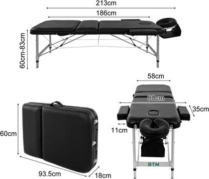 Premium Black Portable 3-Section Massage Table Bed with Aluminum Frame and Premium PU Leather - Perfect for Tattoo, Spa, and Reiki Therapy