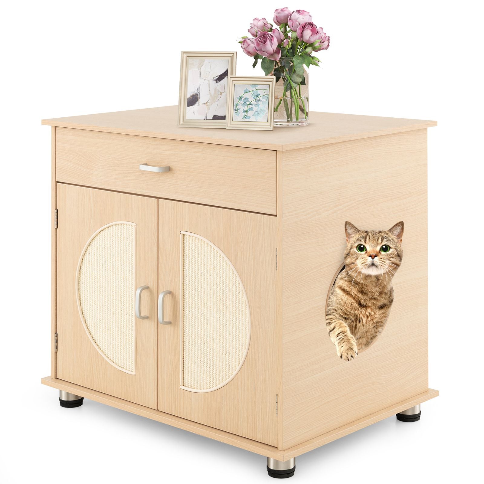 Cat Litter Box Enclosure with Sisal Scratching Doors and Integrated Storage Drawer