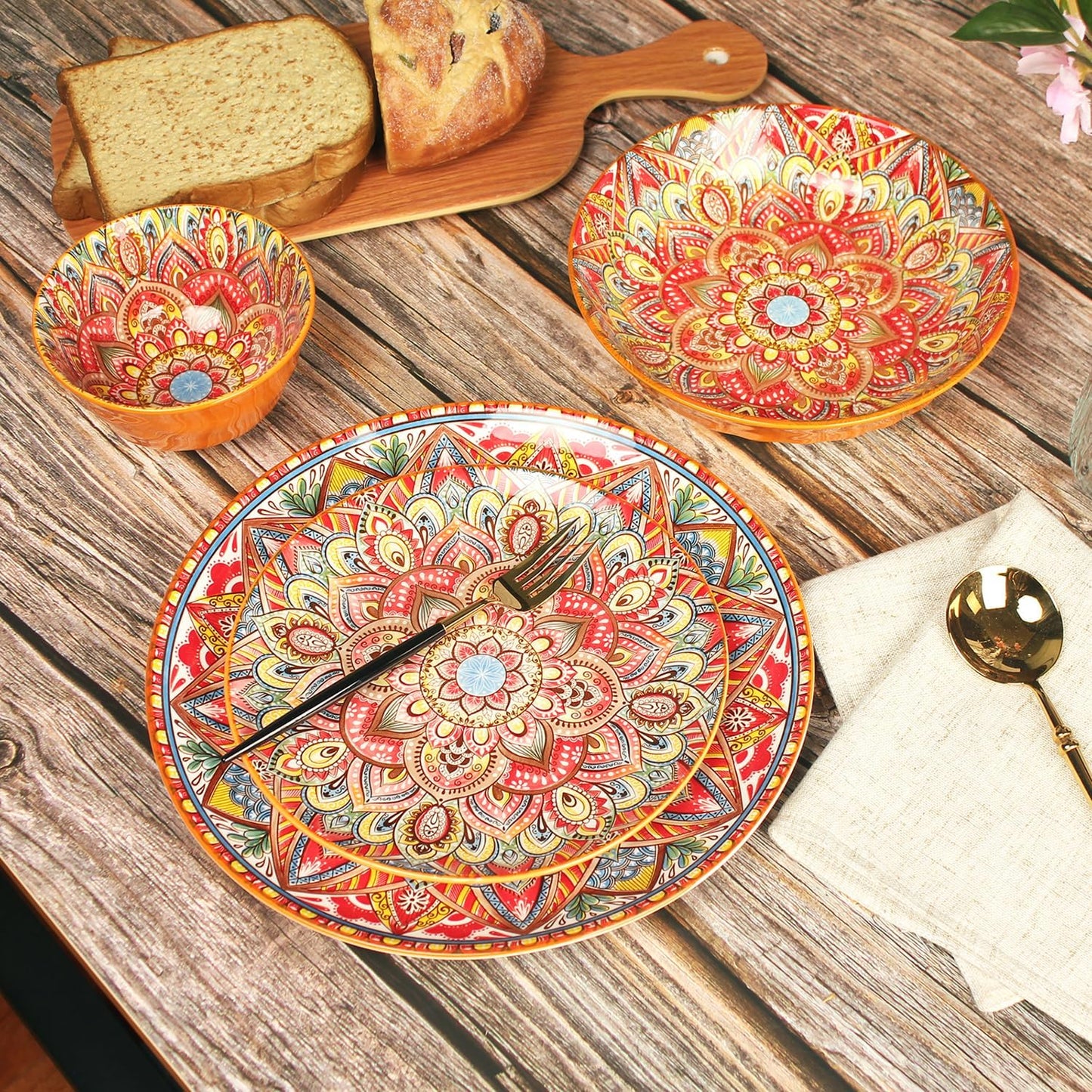Buffet Dinnerware Porcelain Dinnerware Set, Service for 4 (12 Pcs) Easy to Clean Plate & Bowl Set Apply Casual Dining Indoor Outdoor Dining Party Bohemian Style, Red 26+20.5+12.1 CM