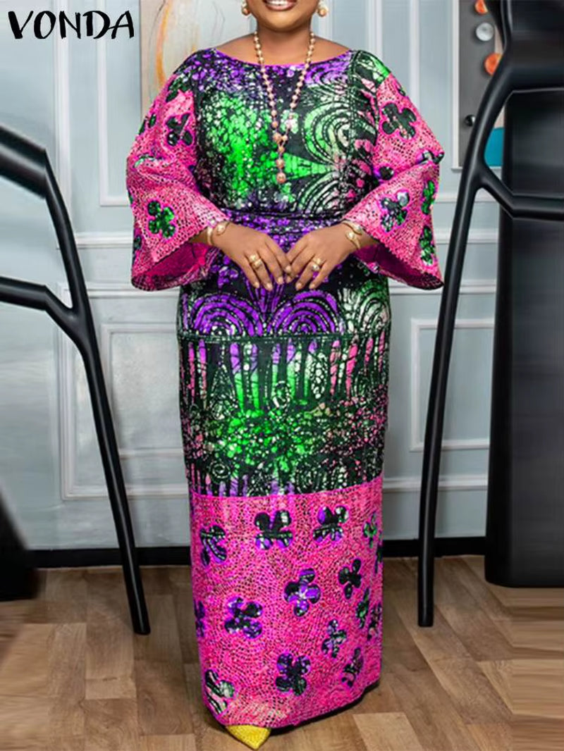 Women Long Maxi Dress Bohemian Printed Vestidos 2024 Vintage Crew Neck Flare Sleeve Party Vestidos Casual Loose Sundress