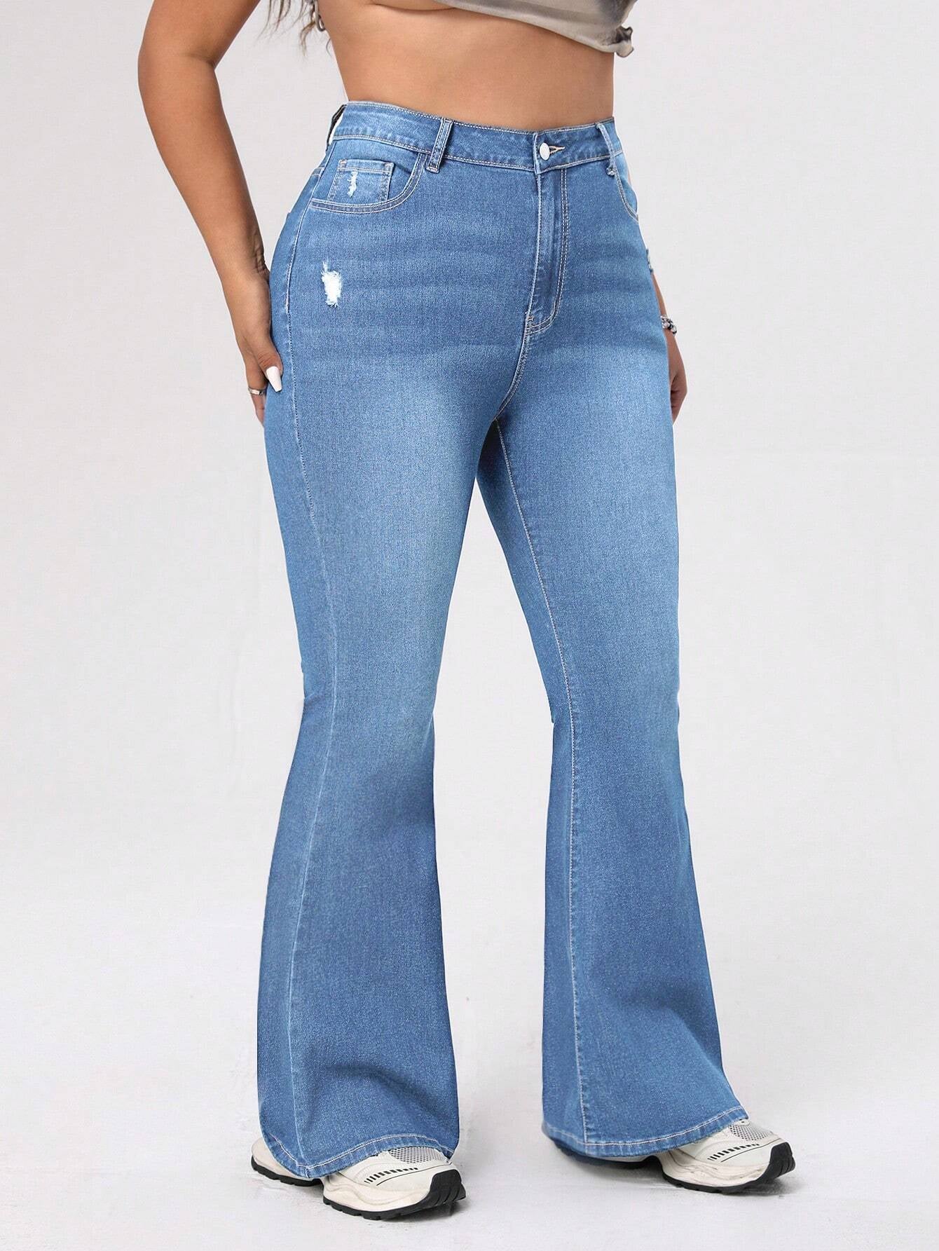 ICON Plus Size Women's Distressed Flared Jeans
