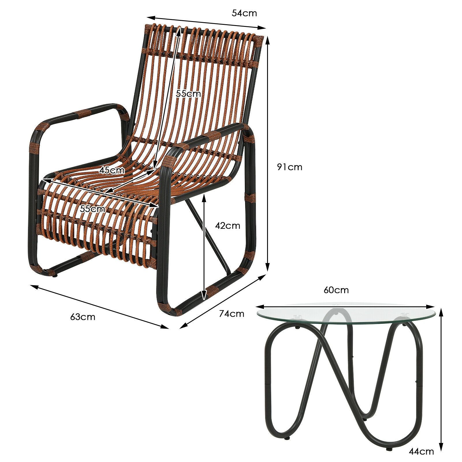 3-Piece Rattan Patio Furniture Set Featuring Two Armchairs and a Glass Coffee Table