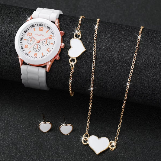 Women's Fashion Silicone Band Quartz Watch Set - 5/6 Piece Jewelry Collection (Without Box)