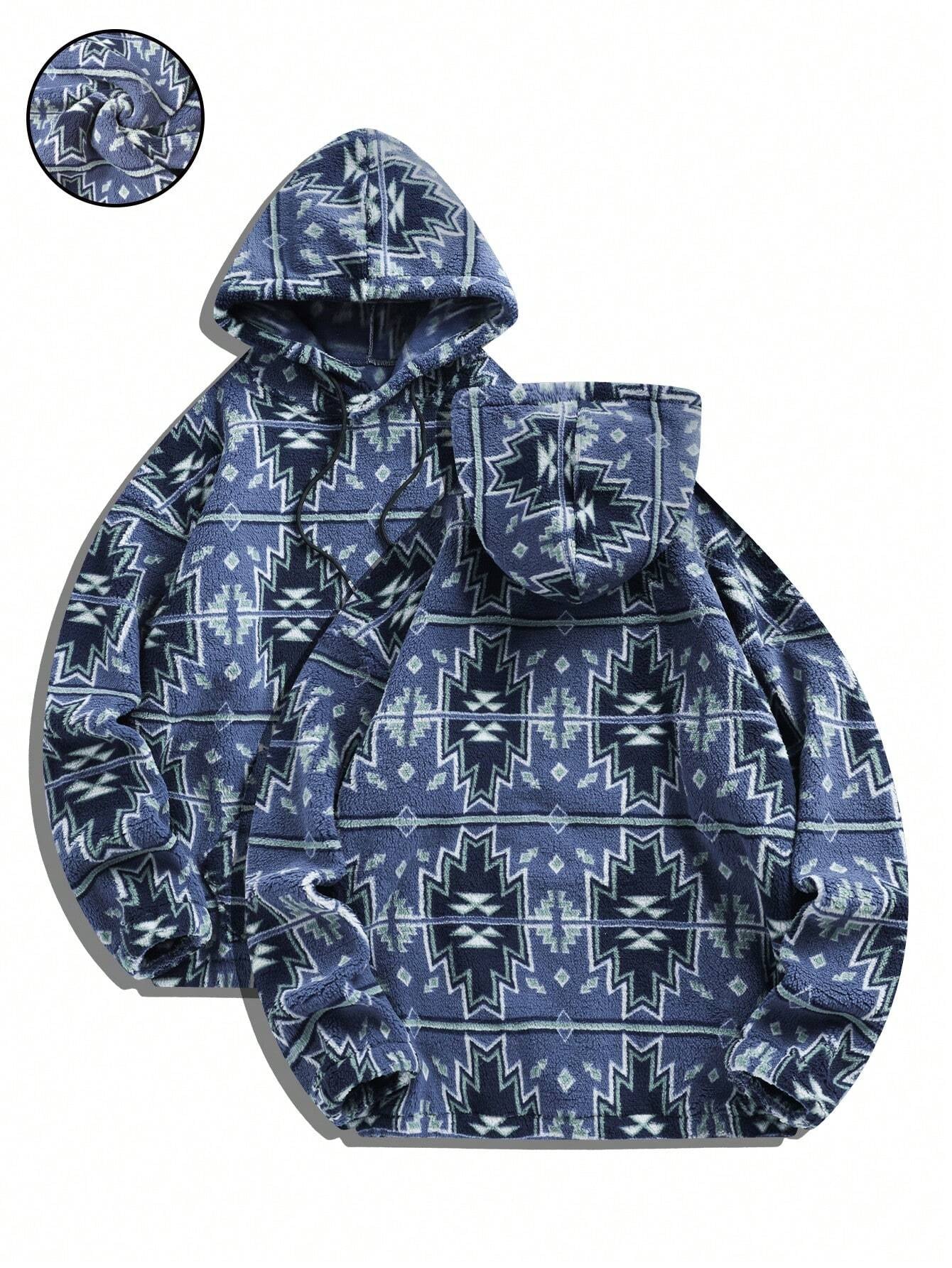 Men'S Totem Print Hooded Sherpa Fleece Sweatshirt