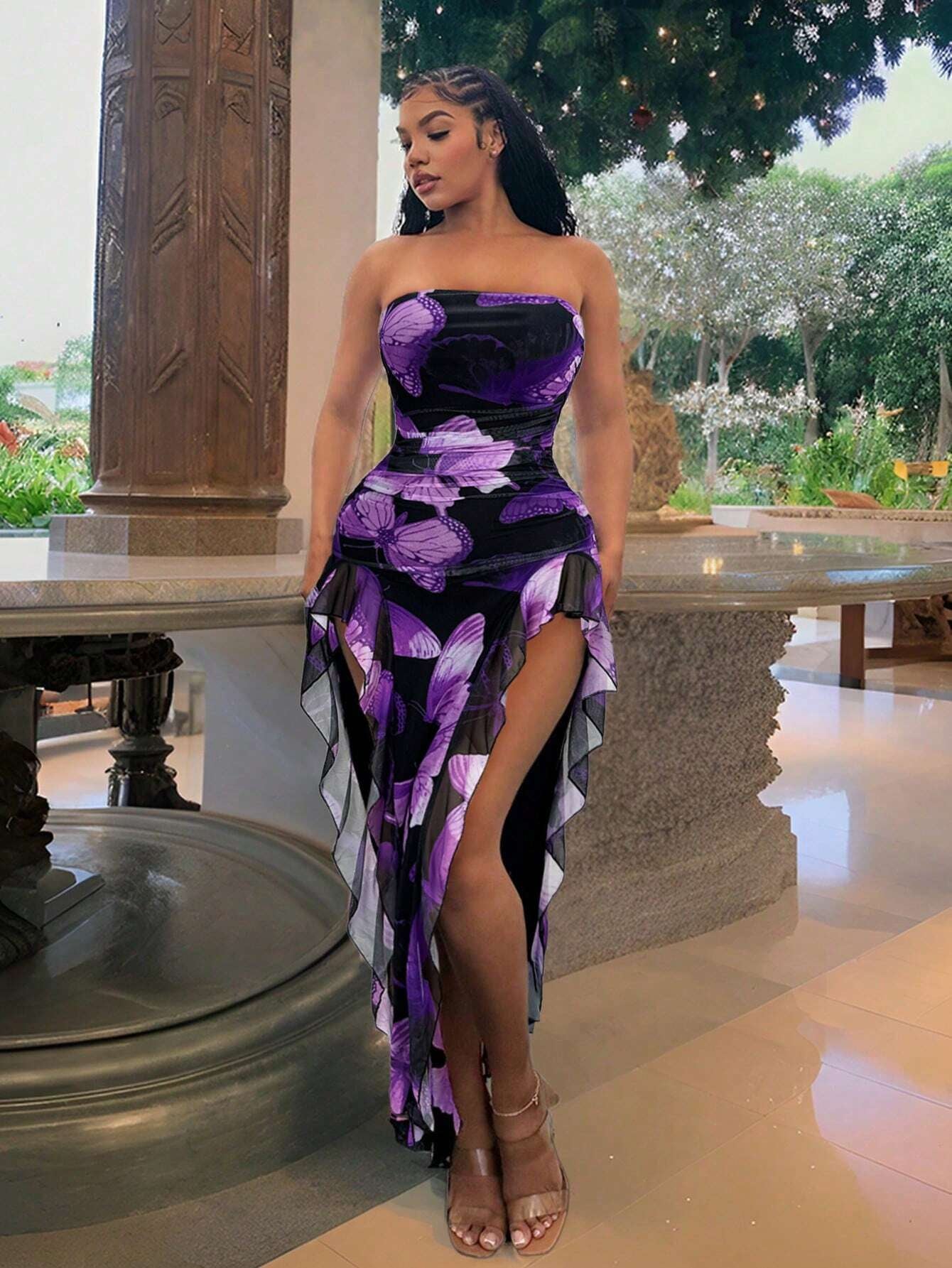 SXY Summer Butterfly Print Flared High-Low Bandeau Bodycon Dress