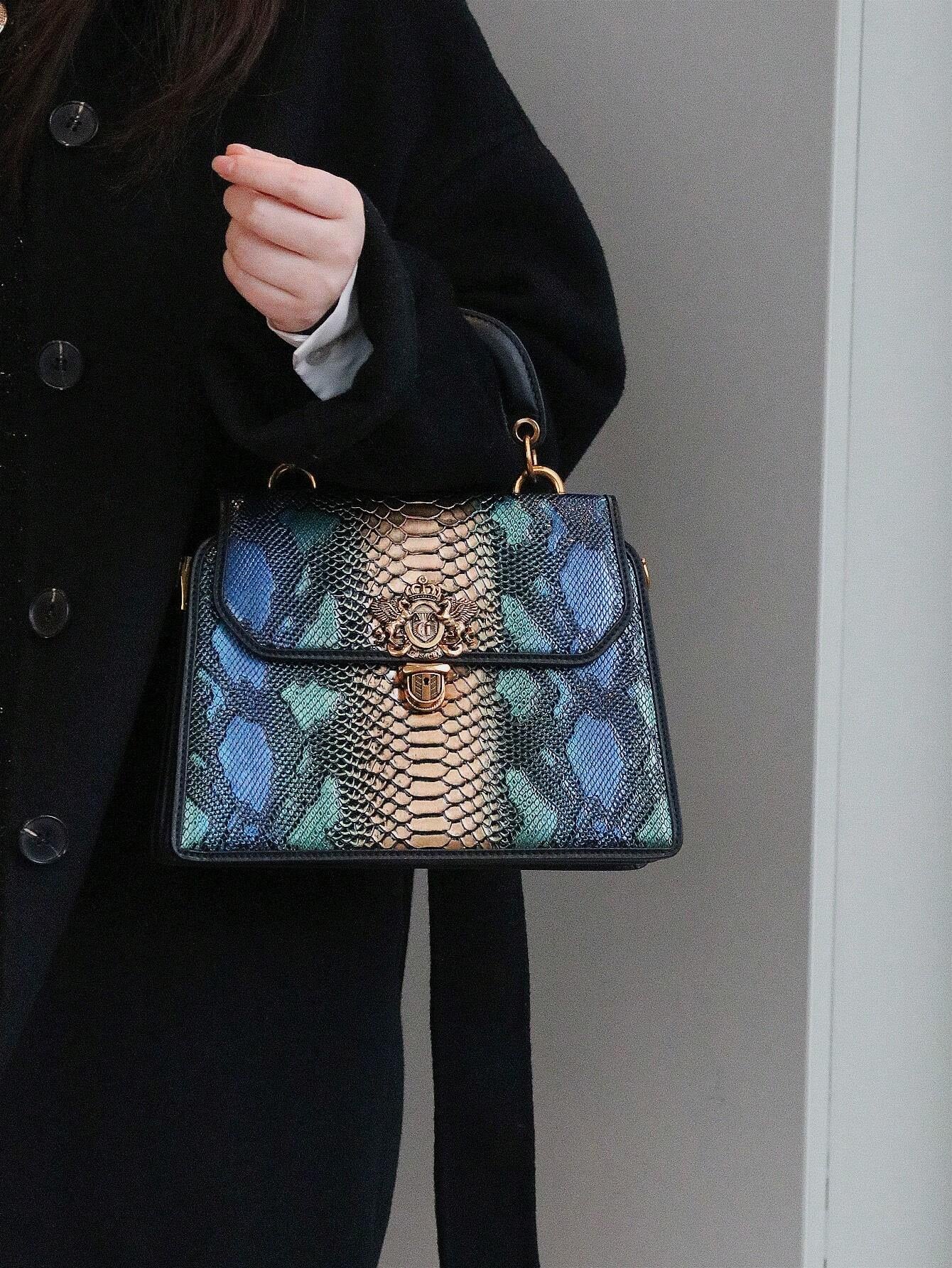 Luxury Custom 2025 New Vintage Women'S Handbag, Fashion Elaborate Luxurious Blue & Gold Snake Print Lock Ornament Tote Bag, Mature Style Shoulder & Crossbody Bag, Detachable Handle
