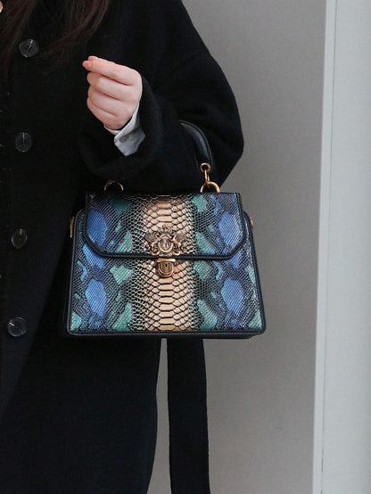 Luxury Custom 2025 New Vintage Women'S Handbag, Fashion Elaborate Luxurious Blue & Gold Snake Print Lock Ornament Tote Bag, Mature Style Shoulder & Crossbody Bag, Detachable Handle