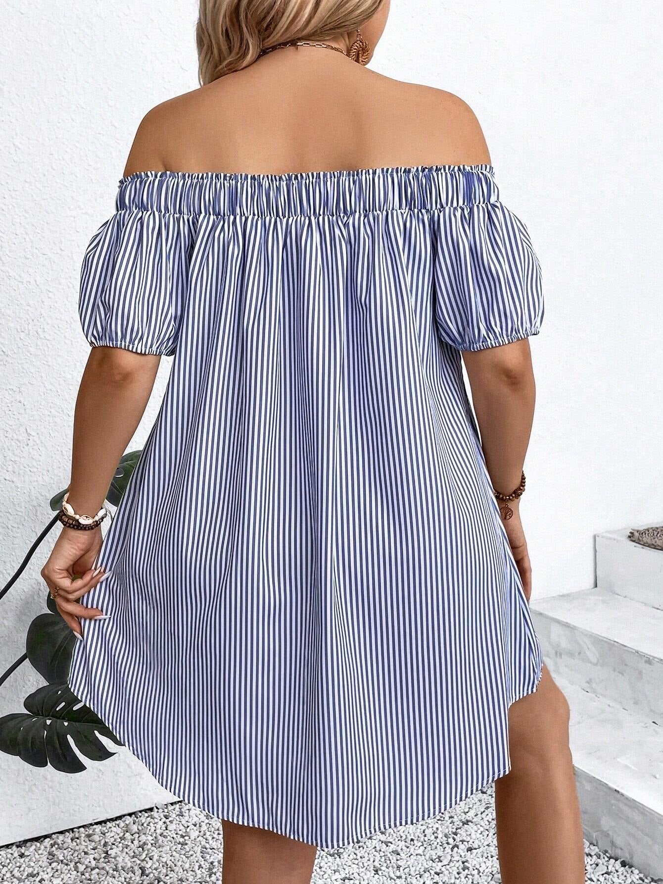 LUNE plus Size Holiday Casual Striped off Shoulder Dress, for Summer