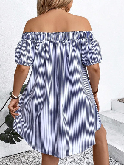 LUNE plus Size Holiday Casual Striped off Shoulder Dress, for Summer