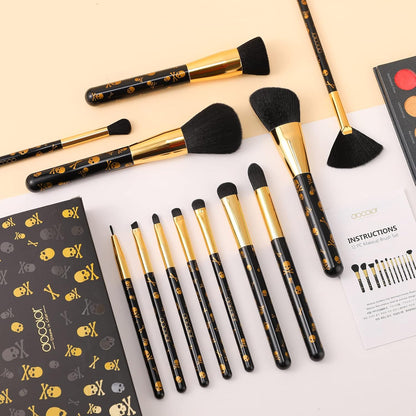 Makeup Brush Set 12Pcs Skull-Print Makeup Brushes Premium Synthetic Powder Foundation Contour Blush Concealer Eye Shadow Blending Liner Makeup Brush Sets