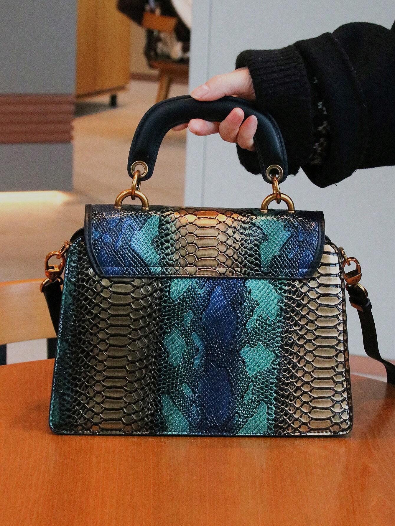 Luxury Custom 2025 New Vintage Women'S Handbag, Fashion Elaborate Luxurious Blue & Gold Snake Print Lock Ornament Tote Bag, Mature Style Shoulder & Crossbody Bag, Detachable Handle