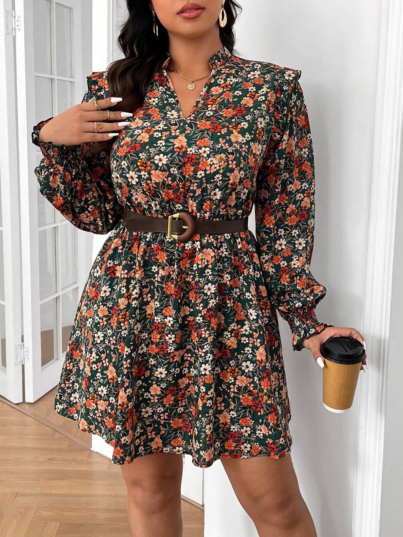 Plus Size Floral Notch Neck Dress for Women - Elegant Long Sleeve Casual Attire for Spring, Summer, and Fall