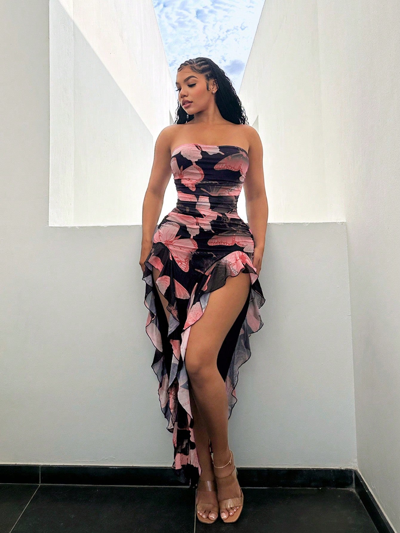 SXY Summer Butterfly Print Flared High-Low Bandeau Bodycon Dress