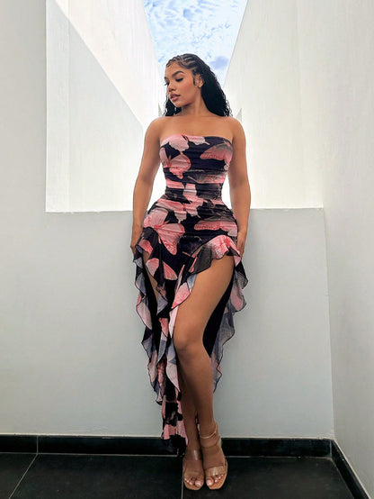 SXY Summer Butterfly Print Flared High-Low Bandeau Bodycon Dress