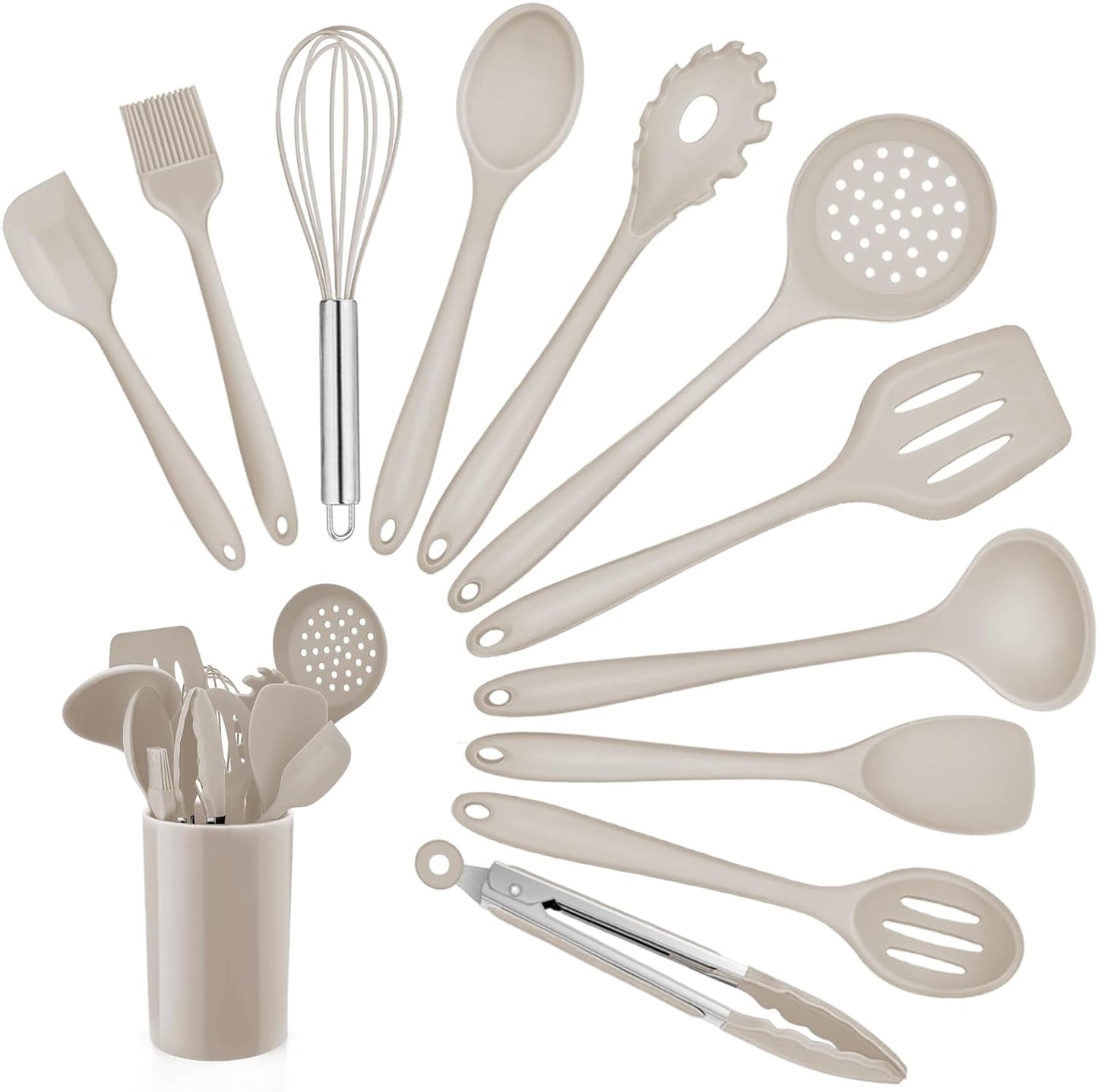 Kitchen Utensil Set,  12 Piece Cooking Utensils Set with Holder, Heat Resistant Kitchen Tools Include Spoons Turner Spatula for Non-Stick Cookware, Khaki