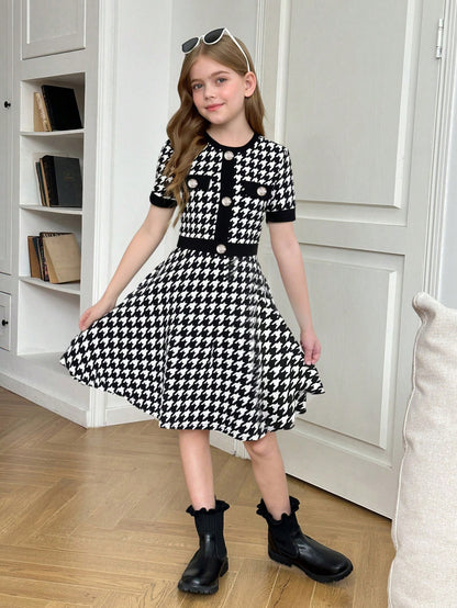 Tween Girls' Houndstooth Print Patchwork A-Line Dress with Button Detail, Elegant Schoolgirl Style for Back to School and Casual Wear