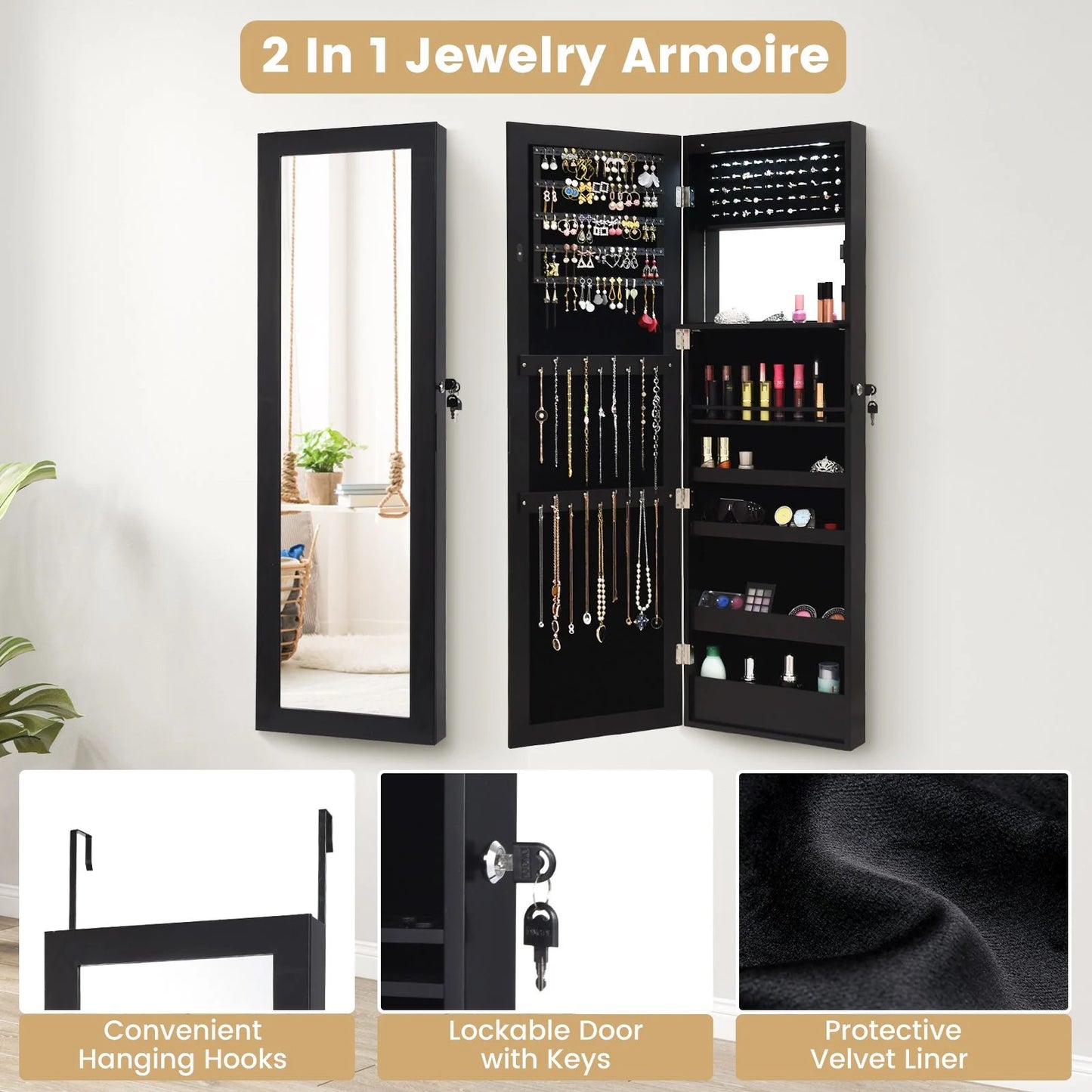 Elegant 120 cm Lockable Jewelry Cabinet Mirror with 15 LED Lights for Secure and Stylish Organization