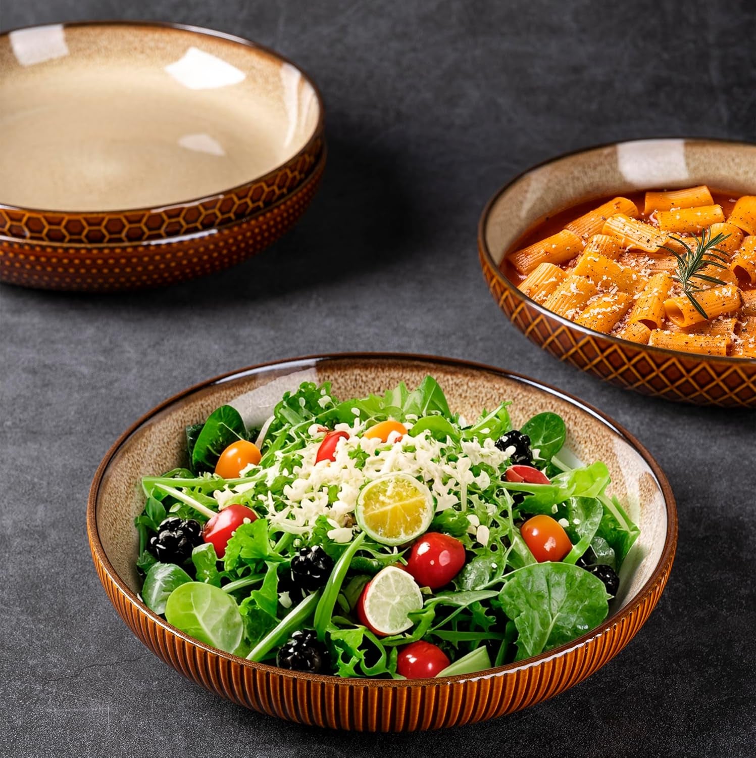9.5'' Large Pasta Bowls, 42 Ounce Stoneware Salad Bowls for Kitchen, Ceramic Serving Bowls with Textured Pattern for Pasta,Fruit, Stews,Noodle, House-Warming Gift,Set of 4