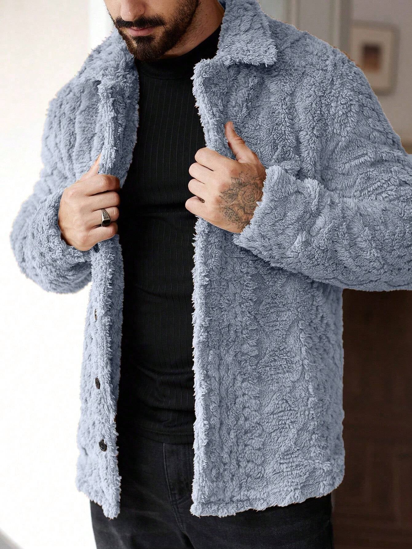 Manfinity Homme Men'S Casual Solid Color Fuzzy Jacket for Autumn/Winter ,Men Flannel,Winter Men Jacket, Going Out Warm Long Sleeve Jacket, for Friends, Husband, Boyfriend Gifts