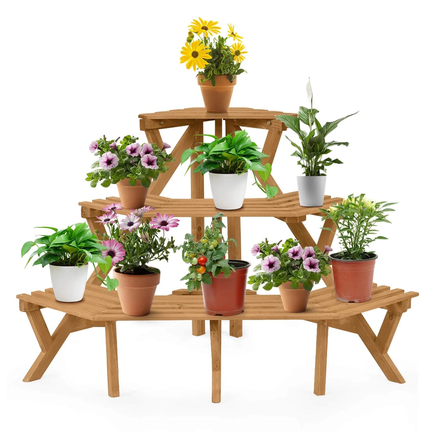 Three-Tier Wooden Plant Stand for Indoor and Outdoor Gardening Applications