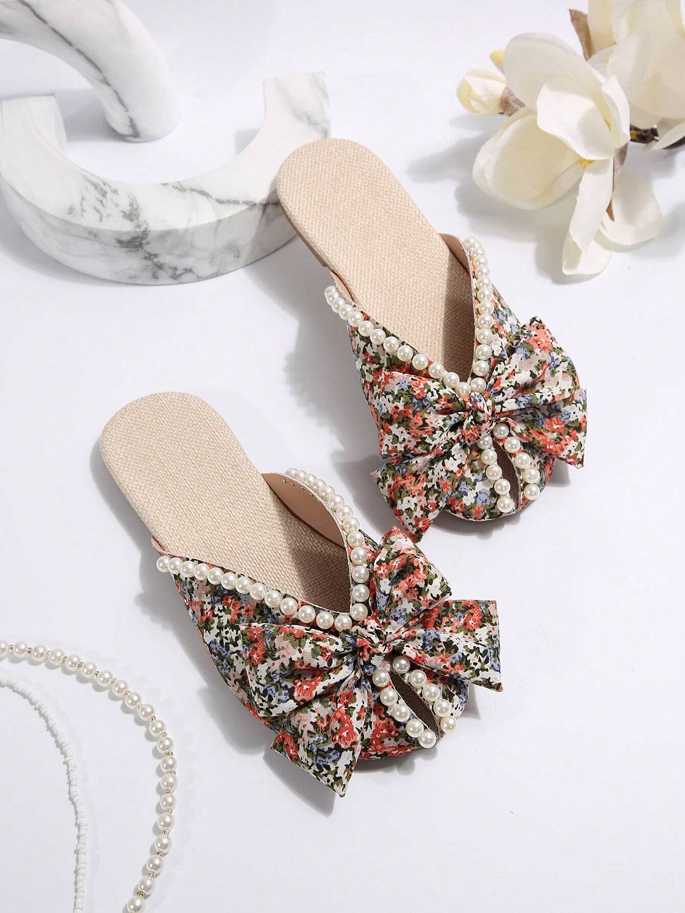 Women'S Student Back-To-School Season Full-Print Faux Pearl Design Bow Flat Sandals Outdoor Fashion Wedding Work School Dormitory Vacation Travel Beach Can Be Worn