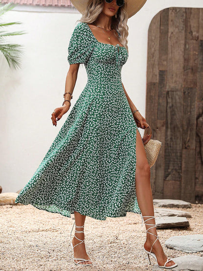 Women's Floral A-Line Maxi Dress with Split Thigh for Holiday Beach Getaways