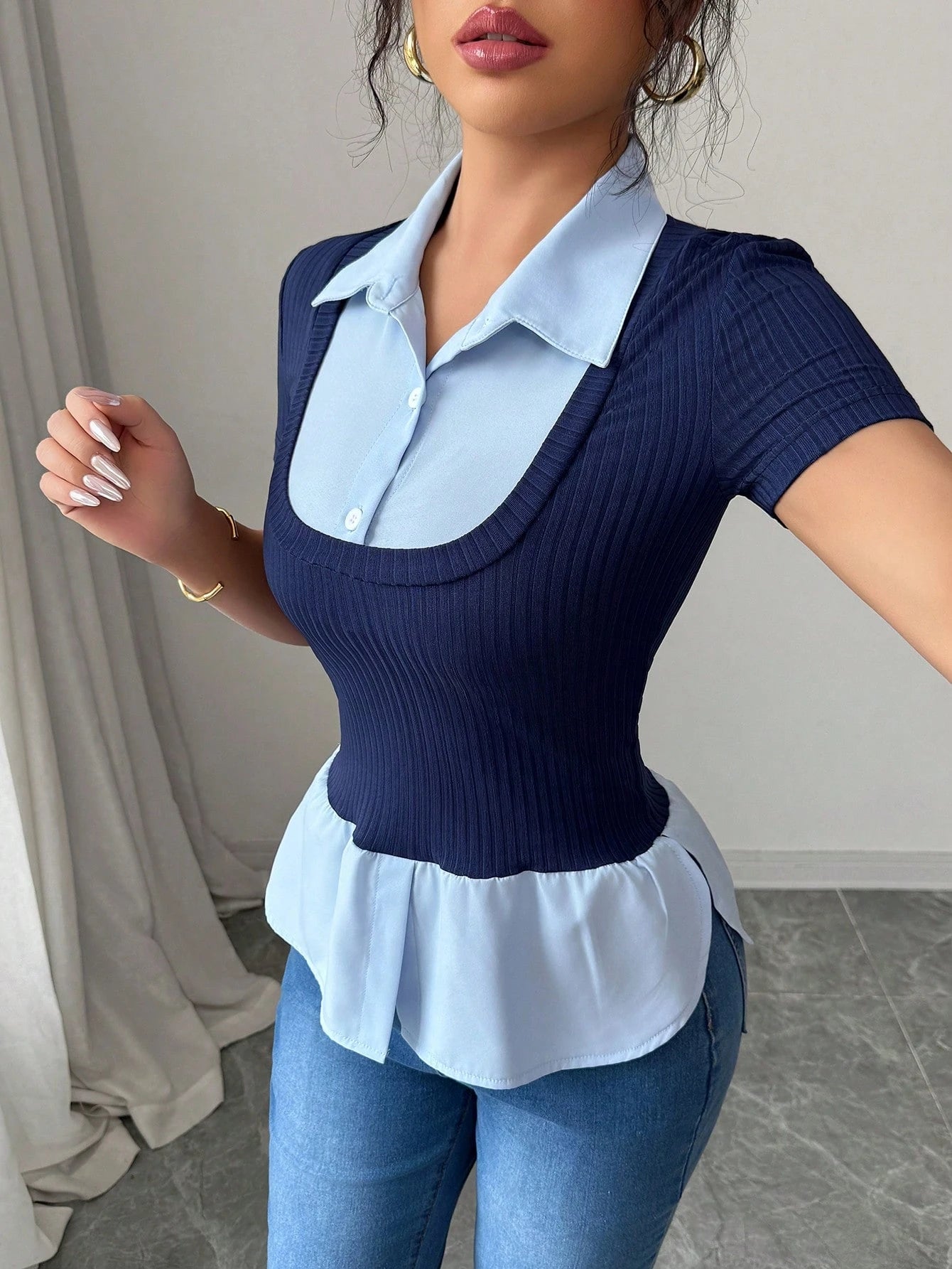 Elenzga 2025 New Summer Slim Fit 2 in 1 Polo Collar Knit Short Sleeve T-Shirt
