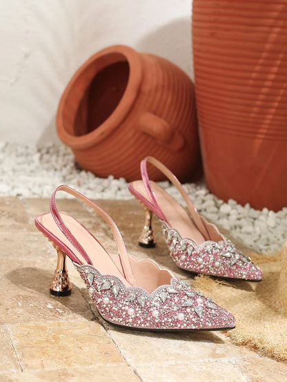 Pink Elastic Strap Back Rhinestone Women'S Sandals, Pointed Toe Backless Square High Heel Shoes, Unique Design